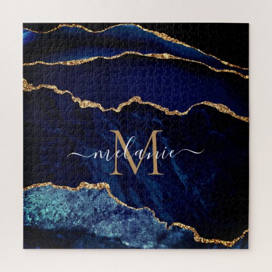 Navy Blauw Goud Marmer Monogram Naam Puzzel Gift Legpuzzel (Verticaal)