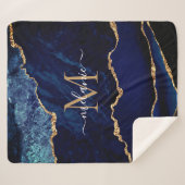 Navy Blauw Goud Marmer Monogram Naam Sherpa Deken (Voorkant (horizontaal))
