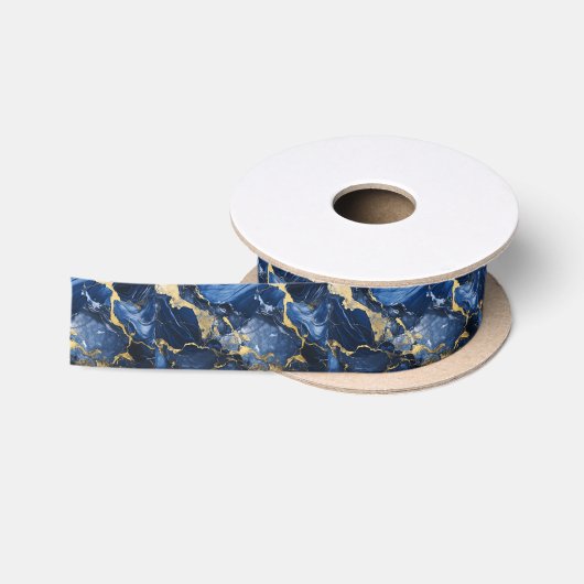 Navy Blauw Goud Marmer Satijnen Lint (Spoel)