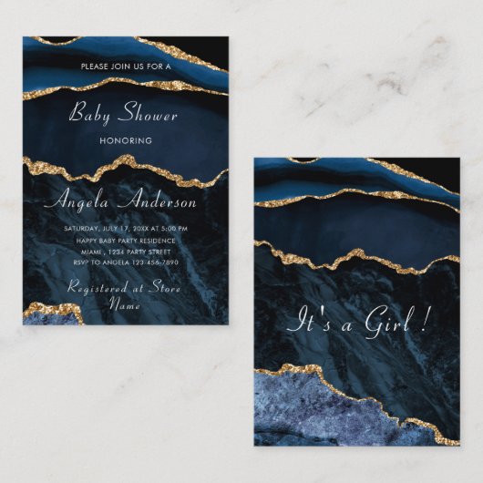 Navy Blauw Goud Marmeren Baby Meisje Douche Uitnod Notitiekaartje (Voorkant / Achterkant)