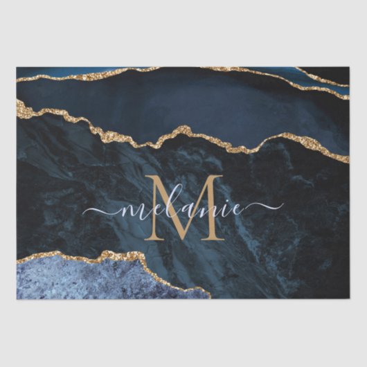 Navy Blauw Goud Marmeren Letter Naam Weefselpapier Tissuepapier (Voorkant)