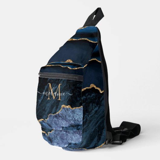 Navy Blauw Goud Marmeren Monogram Letter Aangepast Sling Bag (Rechterhoek)