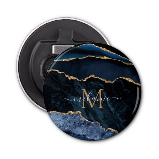 Navy Blauw Goud Marmeren Naam Letter Fles Opener (Voorkant)