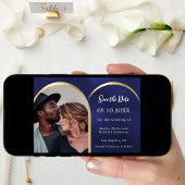 Navy blauw goud moderne foto boog bruiloft save the date