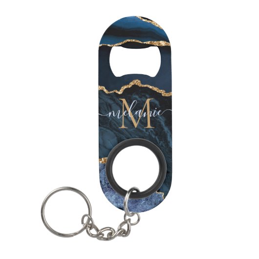 Navy Blauw Goud Naam Letter Sleutelhanger Flesopen Mini Flessenopener (Voorkant)