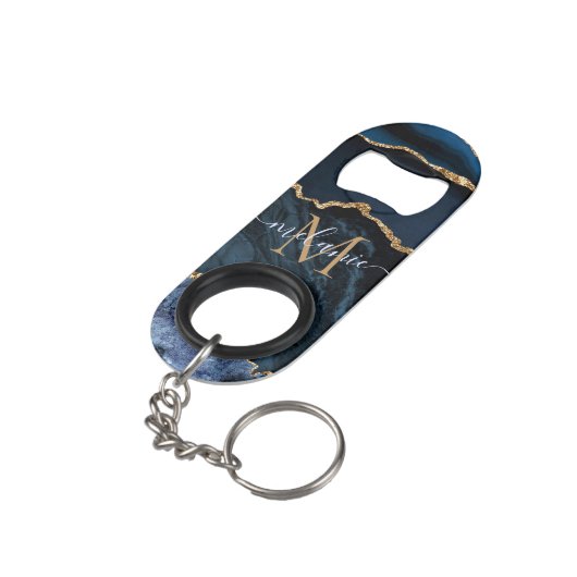 Navy Blauw Goud Naam Letter Sleutelhanger Flesopen Mini Flessenopener (Achterkant Gekanteld)
