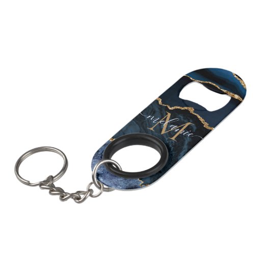 Navy Blauw Goud Naam Letter Sleutelhanger Flesopen Mini Flessenopener (Voorkant Gekanteld)