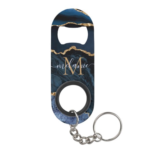 Navy Blauw Goud Naam Letter Sleutelhanger Flesopen Mini Flessenopener (Achterkant)