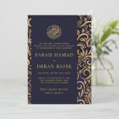 Navy Blauw Goud  Patroon Moslim Bruiloft Kaart (Staand voorkant)