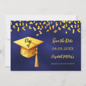 Navy blauw goud pet confetti Graduation Party Save The Date (Voorkant)