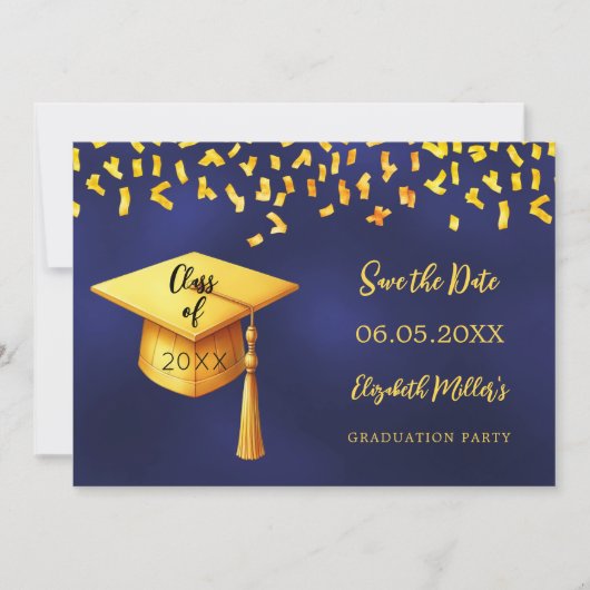 Navy blauw goud pet confetti Graduation Party Save The Date (Voorkant)