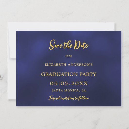 Navy blauw goud pet confetti Graduation Party Save The Date (Achterkant)