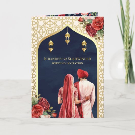 Navy Blauw Goud Rood Bloemen Alles in Een Sikh Bru (Voorkant)