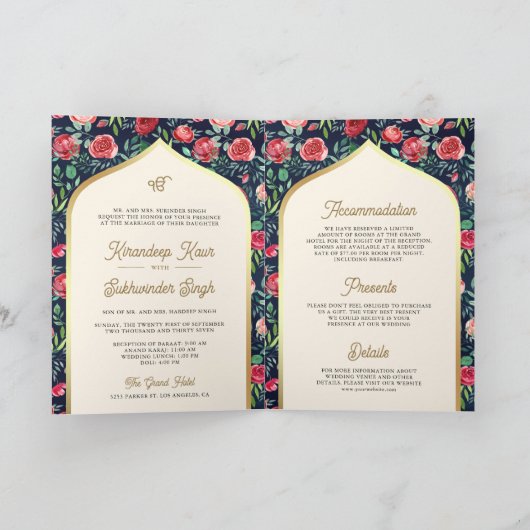 Navy Blauw Goud Rood Bloemen Alles in Een Sikh Bru (Binnen)