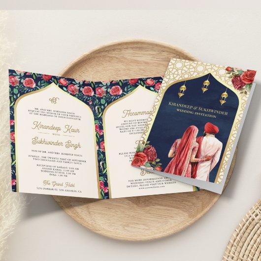 Navy Blauw Goud Rood Bloemen Alles in Een Sikh Bru