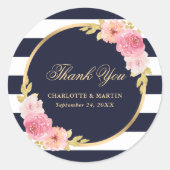 Navy Blauw Goud Roze Bloemen Huwelijk Dank u Ronde Sticker (Voorkant)