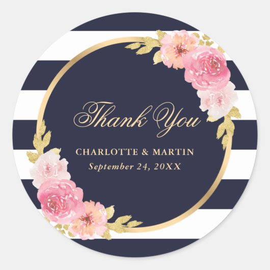 Navy Blauw Goud Roze Bloemen Huwelijk Dank u Ronde Sticker (Voorkant)