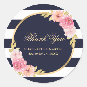 Navy Blauw Goud Roze Bloemen Huwelijk Dank u Ronde Sticker
