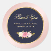 Navy Blauw Goud Roze Waterverf Bloemen Dank u Ronde Sticker (Voorkant)