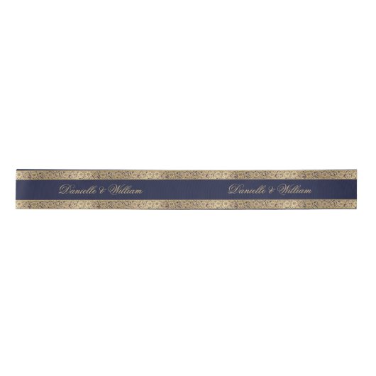 Navy Blauw  Goud Rozen Kalligrafie Bruiloft Satijnen Lint (Voorkant)