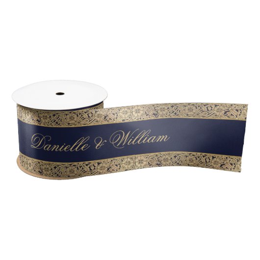 Navy Blauw  Goud Rozen Kalligrafie Bruiloft Satijnen Lint (Spoel)