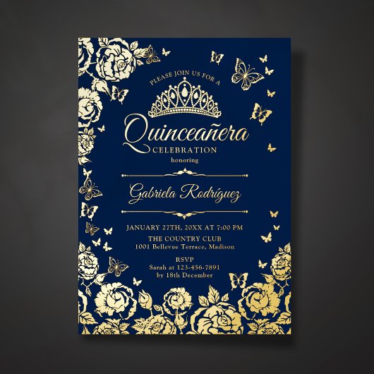 Navy Blauw Goud Rozen Vlinders Quinceanera Folie Uitnodiging