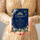 Navy Blauw Goud Rozen Vlinders Quinceanera Folie Uitnodiging