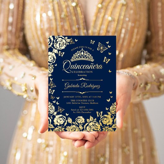 Navy Blauw Goud Rozen Vlinders Quinceanera Folie Uitnodiging