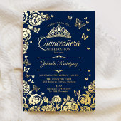 Navy Blauw Goud Rozen Vlinders Quinceanera Folie Uitnodiging