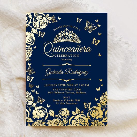 Navy Blauw Goud Rozen Vlinders Quinceanera Folie Uitnodiging