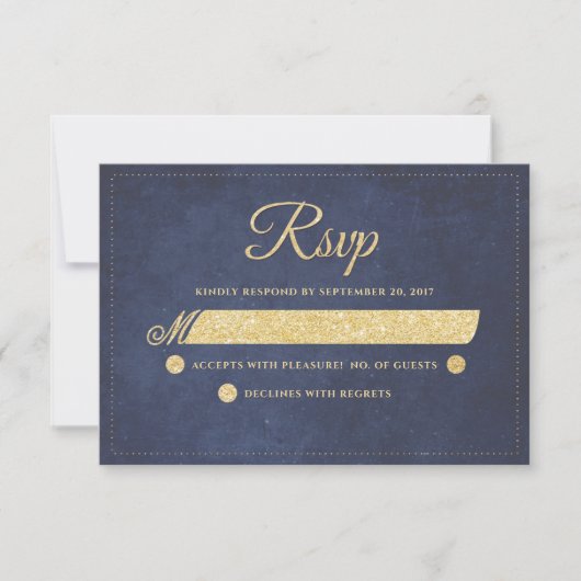 Navy Blauw Goud Rustiek Chique Bruiloft RSVP (Voorkant)