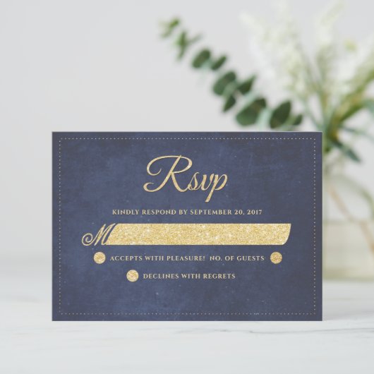 Navy Blauw Goud Rustiek Chique Bruiloft RSVP (Staand voorkant)