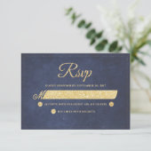 Navy Blauw Goud Rustiek Chique Bruiloft RSVP Kaartje (Staand voorkant)