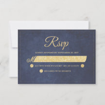 Navy Blauw Goud Rustiek Chique Bruiloft RSVP