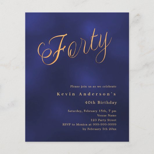 Navy blauw goud script 40e verjaardag uitnodiging (Voorkant)