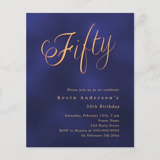 Navy blauw goud script 50e verjaardag uitnodiging (Voorkant)