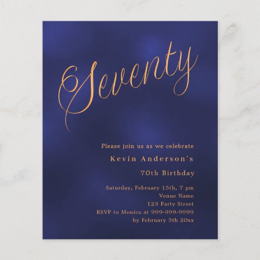 Navy blauw goud script 70e verjaardag uitnodiging (Voorkant)