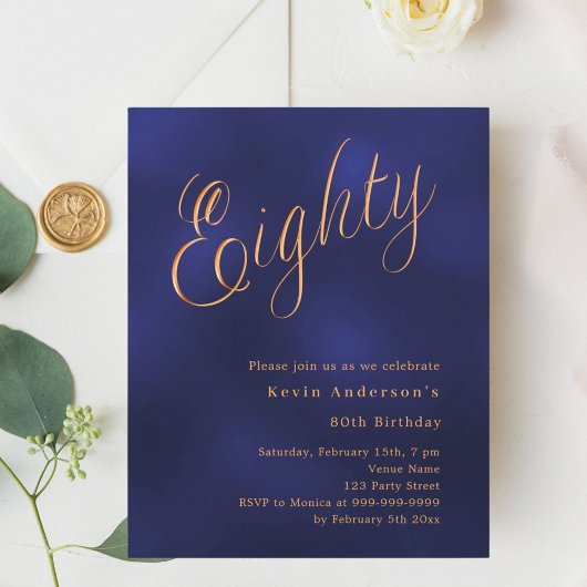 Navy blauw goud script 80ste verjaardag uitnodigin