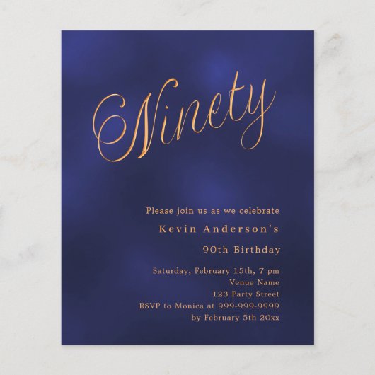 Navy blauw goud script 90ste verjaardag uitnodigin (Voorkant)