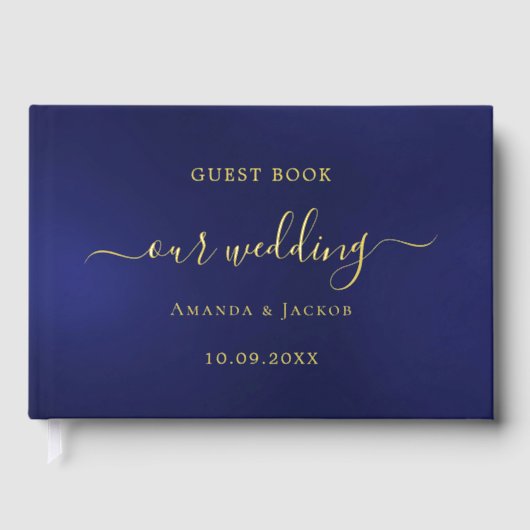 Navy blauw goud script bruiloft gastenboek (Voorkant)