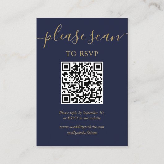 Navy Blauw Goud Script Bruiloft RSVP QR Code Foto Informatiekaartje (Voorkant)