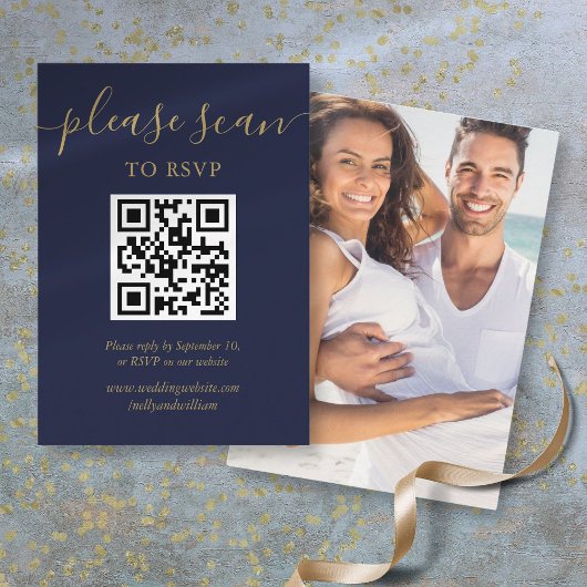 Navy Blauw Goud Script Bruiloft RSVP QR Code Foto Informatiekaartje