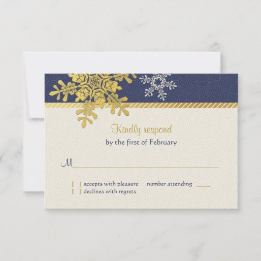 Navy Blauw Goud Sneeuwvlok Winter Bruiloft Antwoor RSVP Kaartje (Voorkant)