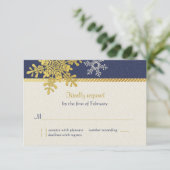 Navy Blauw Goud Sneeuwvlok Winter Bruiloft Antwoor RSVP Kaartje (Staand voorkant)