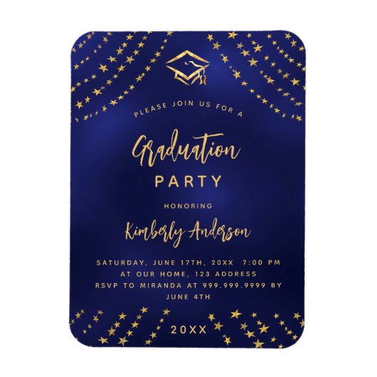 Navy blauw goud sterren afstudeerfeest uitnodiging magneet (Verticaal)