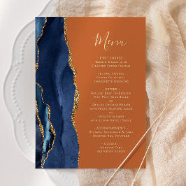 Navy blauw goud verbrande Sinaasappel bruiloft Menu