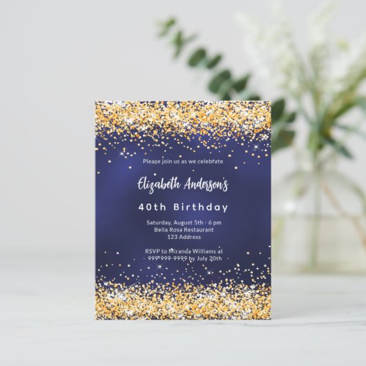 Navy blauw goud verjaardagsuitnodiging (Staand voorkant)