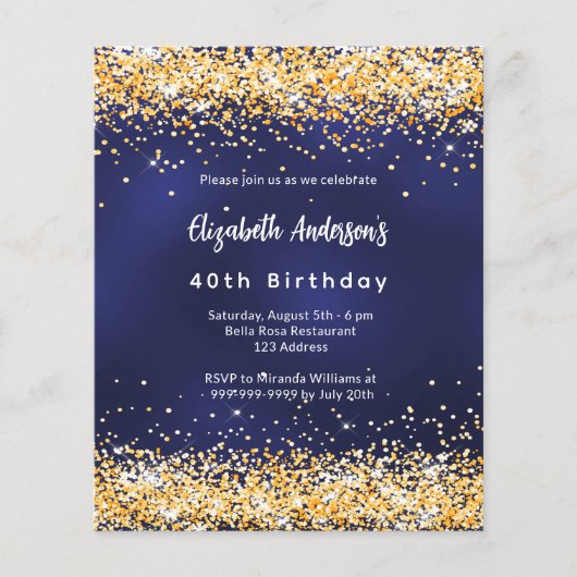 Navy blauw goud verjaardagsuitnodiging (Voorkant)