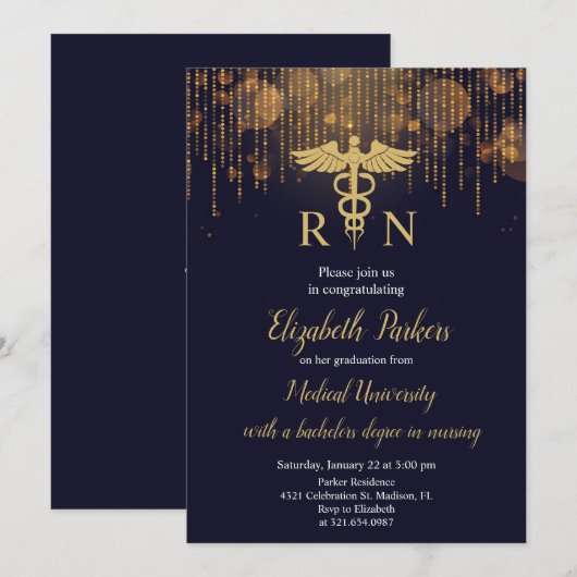Navy Blauw Goud Verpleegkundig Afstudeerfeest Kaart (Voorkant / Achterkant)