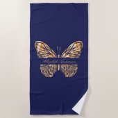 Navy blauw goud vlinder naam script strandlaken (Voorkant)